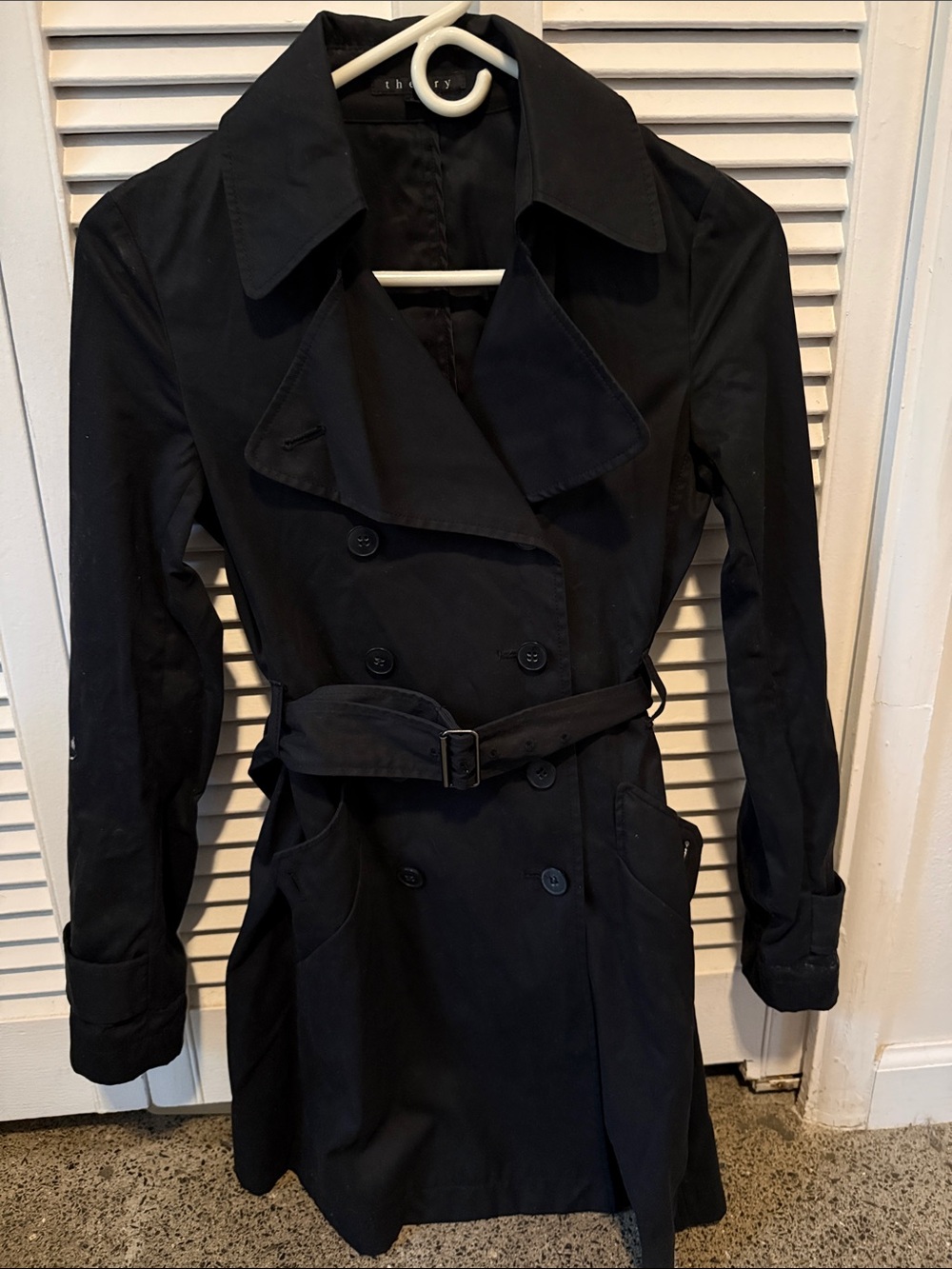 Theory Black Double-Breasted Trench Coat with Belt